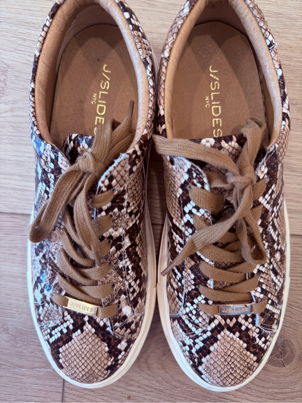J/SLIDES Snake-Print Lace-Up Sneakers in Tan, Brown & White